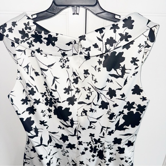 Kay Unger Satin Sleeveless Sheath Floral Black/ White Dress Portrait Collar 12 - Picture 8 of 11